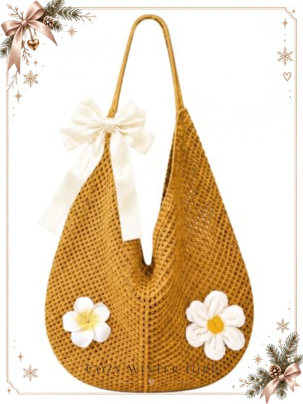 Handmade Cotton Woven Tote Bag Satin Bow 3D Flowers Knit Shoulder Bag